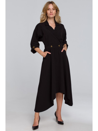 K086 Midi ilgio suknelė su dekoratyvinėmis sagomis - juoda