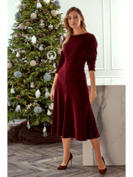 M557 Aksominė midi suknelė su surenkamomis rankovėmis - bordinė