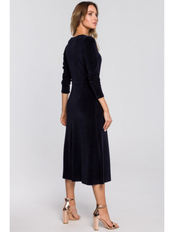 M557 Aksominė midi suknelė su surenkamomis rankovėmis - tamsiai mėlyna
