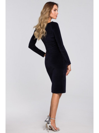 M565 Velvetinė pieštuko formos suknelė - tamsiai mėlyna