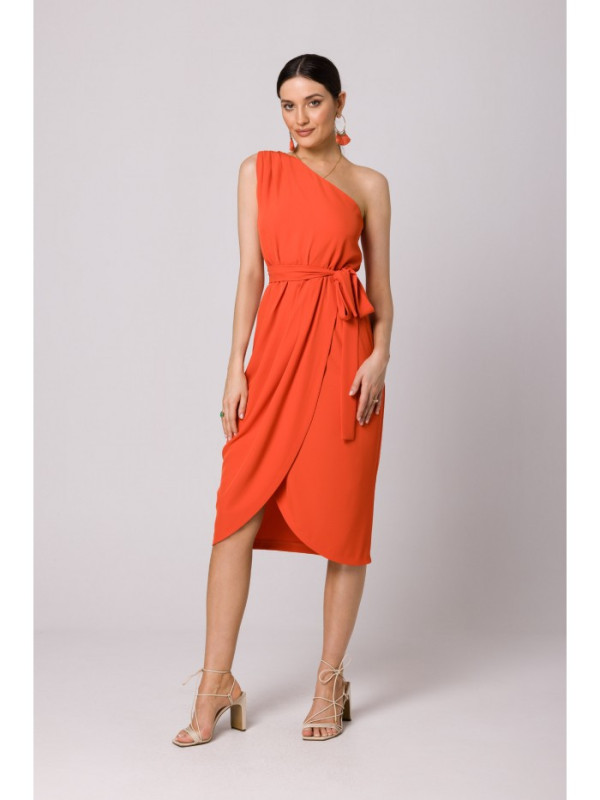 K160 Suknelė ant vieno peties - koralinė