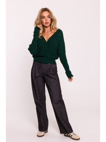 M809 Apkarpytas megztinis su V formos iškirpte - žalias