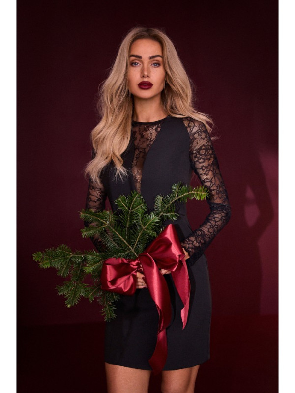 M838 Mini suknelė su nėriniuotomis rankovėmis - juoda