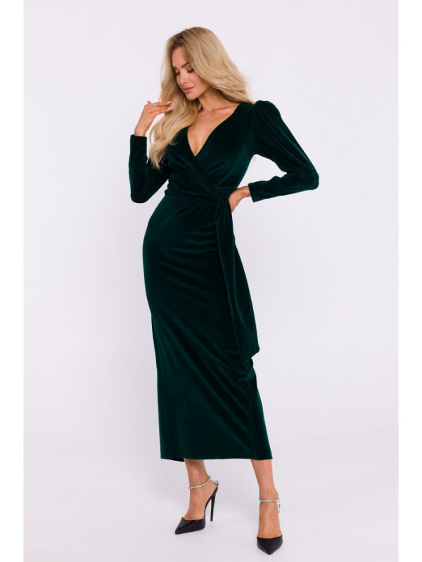 M828 Aksominė maksi suknelė su gilia V formos iškirpte - žalia