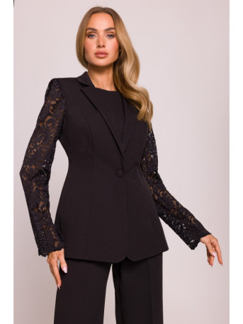 M865 Lace panels single button blazer - black