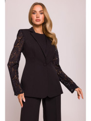 M865 Lace panels single button blazer - black