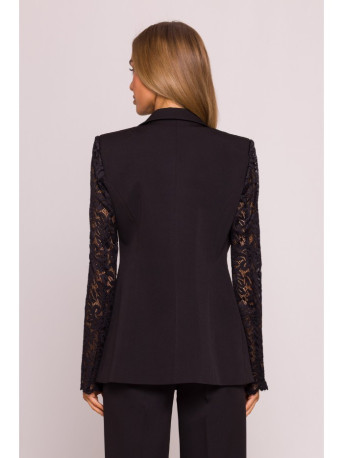 M865 Lace panels single button blazer - black