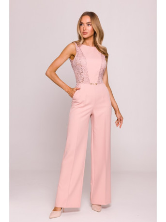 M866 Lace panels jumpsuit - powder
