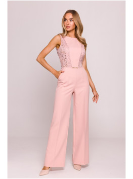 M866 Lace panels jumpsuit - powder