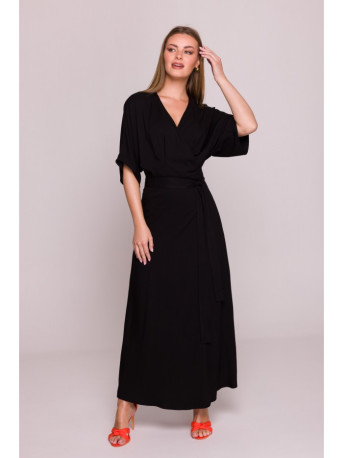 S406 Viscose maxi dress wrap design - black
