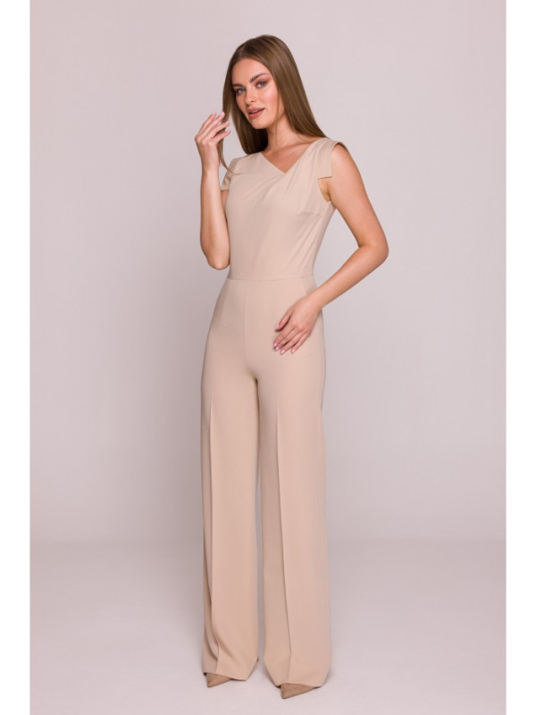 S407 Elegant jumpsuit with asymmetrical neckline - beige