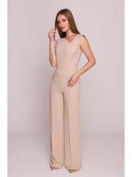 S407 Elegant jumpsuit with asymmetrical neckline - beige