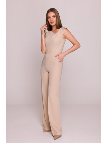 S407 Elegant jumpsuit with asymmetrical neckline - beige