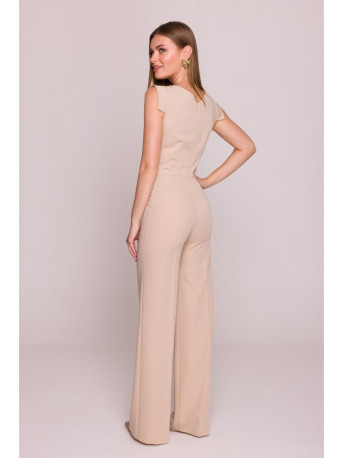 S407 Elegant jumpsuit with asymmetrical neckline - beige