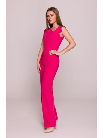S407 Elegant jumpsuit with asymmetrical neckline - pink