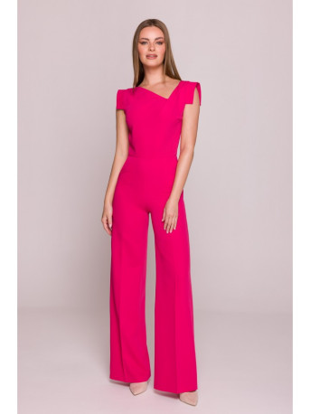 S407 Elegant jumpsuit with asymmetrical neckline - pink