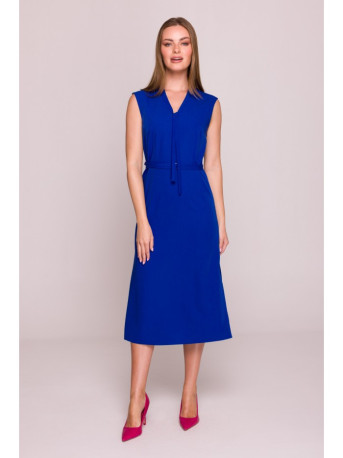 S410 A-line dress with tie detail V-shaped neckline - royal blue