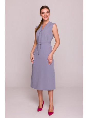S410 A-line dress with tie detail V-shaped neckline - dove grey