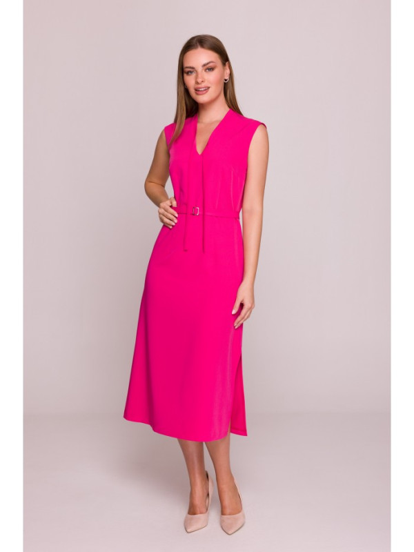 S410 A-line dress with tie detail V-shaped neckline - pink