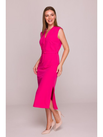 S410 A-line dress with tie detail V-shaped neckline - pink