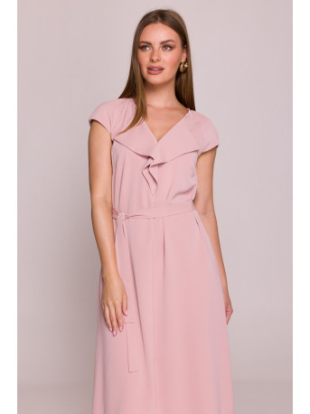 S411 Sleeveless dress with ruffled neckline - powder