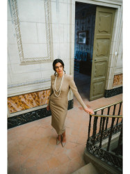 S412 Pencil dress with decorative shoulders - beige