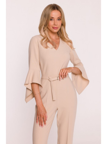 S416 Jumpsuit with ruffled sleeves - beige