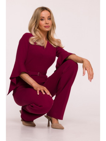 S416 Jumpsuit with ruffled sleeves - maroon