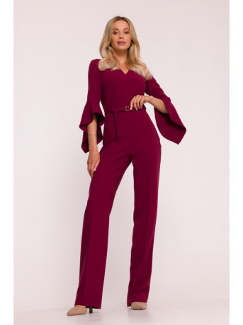 S416 Jumpsuit with ruffled sleeves - maroon