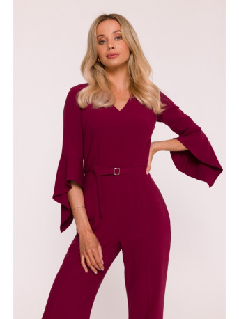 S416 Jumpsuit with ruffled sleeves - maroon