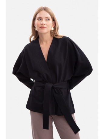 B297 Collarless knit open front blazer - black