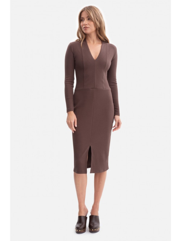 B307 Rib knit pencil dress - brown