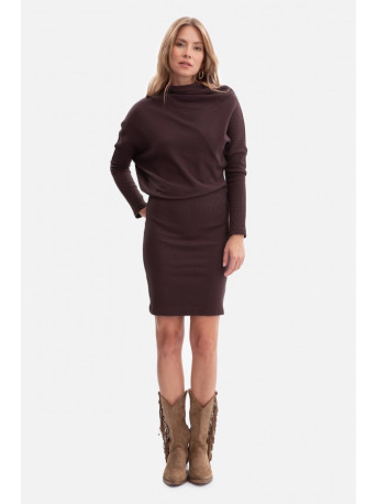B309 Rib knit blouson dress - dark chocolate