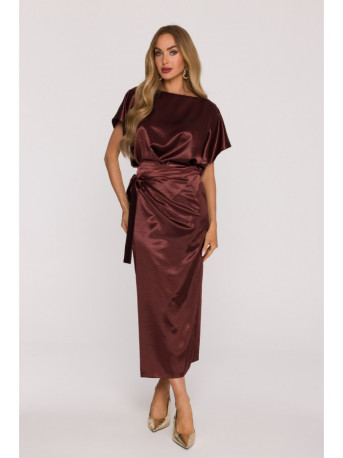 M887 Wrap style satin dress - brown
