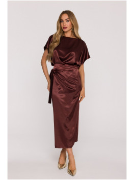 M887 Wrap style satin dress - brown