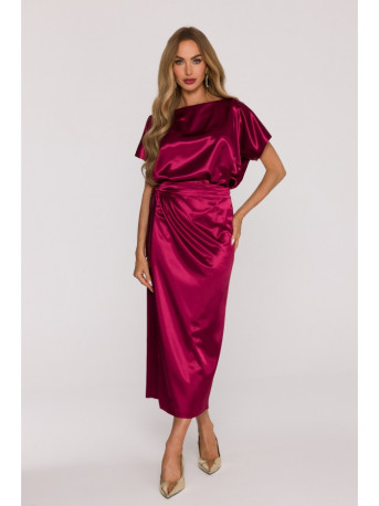 M887 Wrap style satin dress - maroon