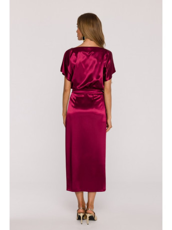 M887 Wrap style satin dress - maroon