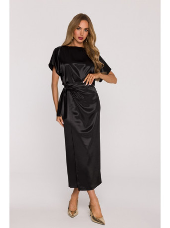 M887 Wrap style satin dress - black