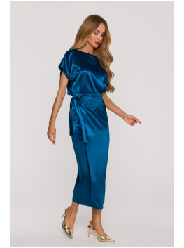 M887 Wrap style satin dress - ocean blue