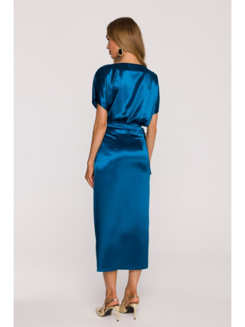M887 Wrap style satin dress - ocean blue