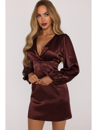 M888 Satin puff sleeve mini dress - brown