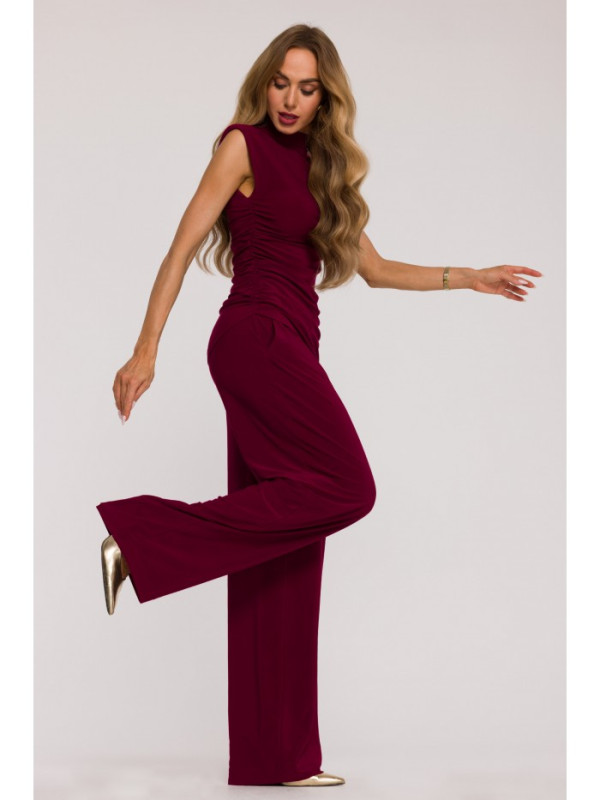 M890 Co-ord set with ruched top and wide leg trousers - maroon