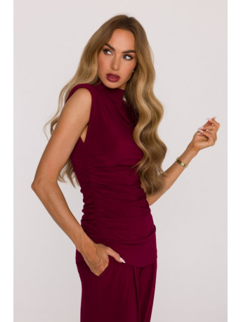M890 Co-ord set with ruched top and wide leg trousers - maroon