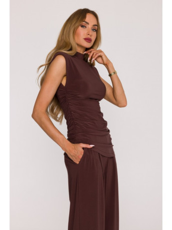 M890 Co-ord set with ruched top and wide leg trousers - brown