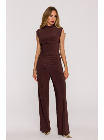 M890 Co-ord set with ruched top and wide leg trousers - brown