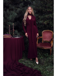 M891 Ruched dress with a sash - maroon