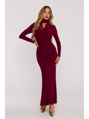 M891 Ruched dress with a sash - maroon