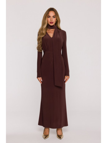 M891 Ruched dress with a sash - brown