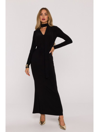 M891 Ruched dress with a sash - black