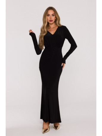 M891 Ruched dress with a sash - black